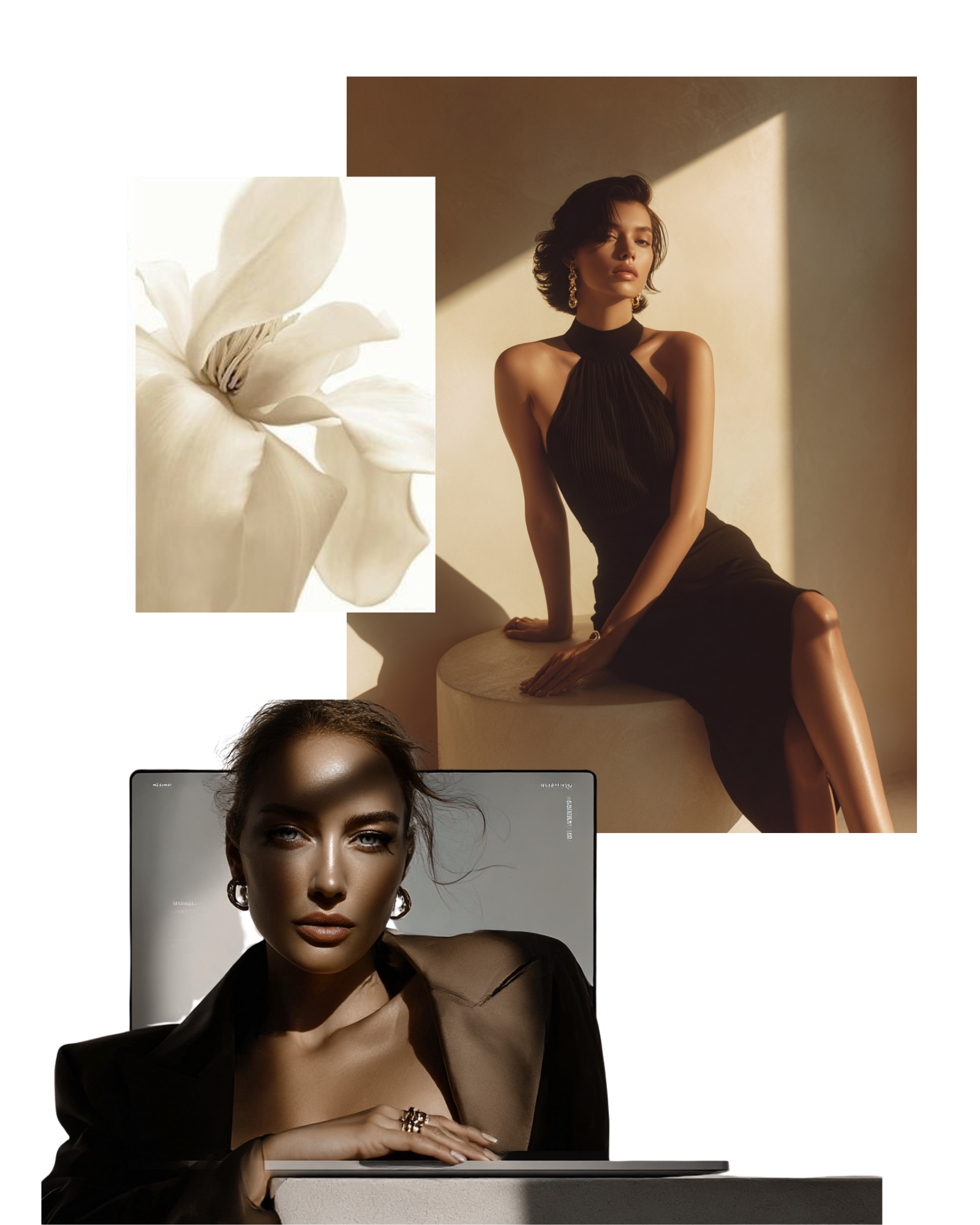 Collage editorial con flor beige, mujer con vestido negro y mujer con blazer frente a pantalla, sección Acerca de Stylicious sobre moda femenina elegante y consciente