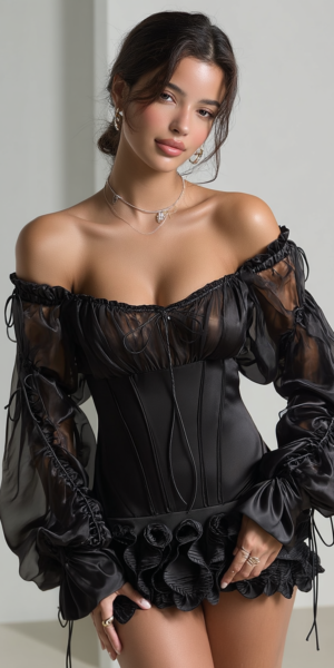 Modelo vestido corset color negro. Modelo mostrando su vestido de gasa y con un corset integrado en color negro