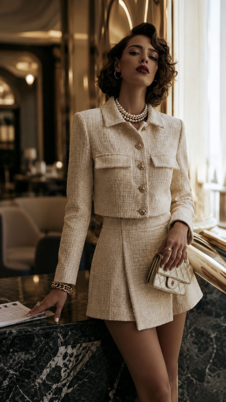 Conjunto de tweed beige y dorado | Stylicious