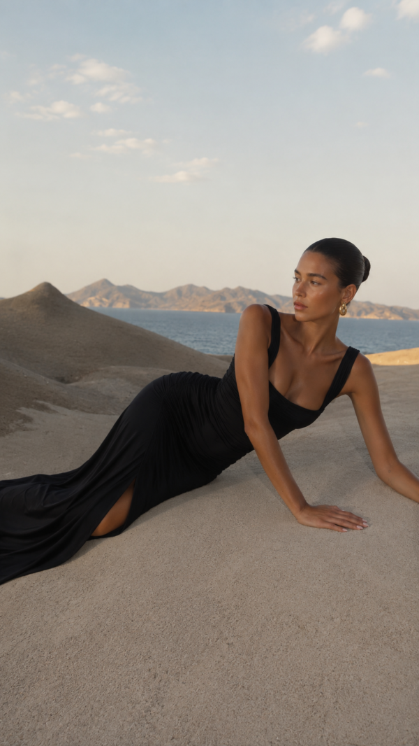Vestido largo negro fruncido | Stylicious (6)