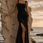 Vestido largo negro fruncido | Stylicious