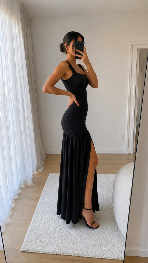 Vestido largo negro fruncido | Stylicious (17)