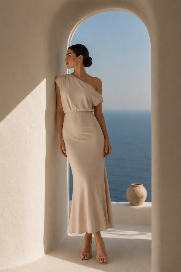 Vestido largo beige asimetrico | Stylicious (25)