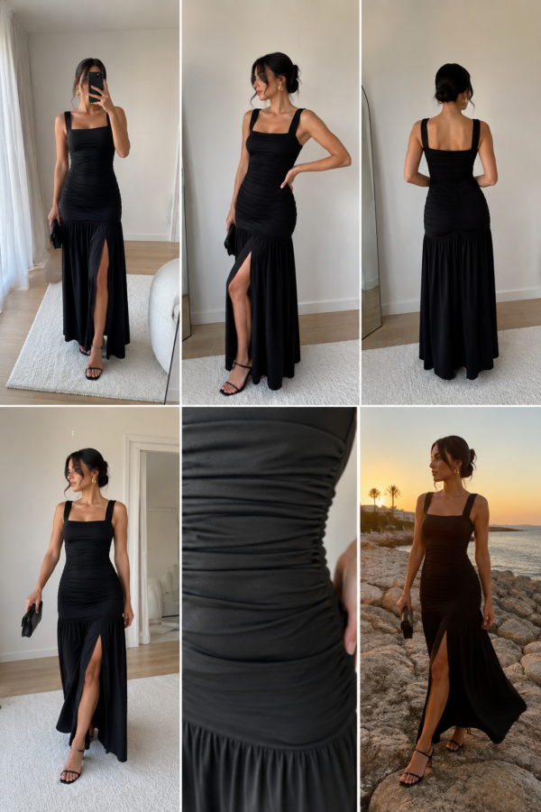 Vestido largo negro fruncido | Stylicious (19)