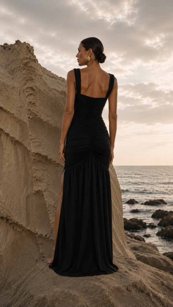 Vestido largo negro fruncido | Stylicious (3)