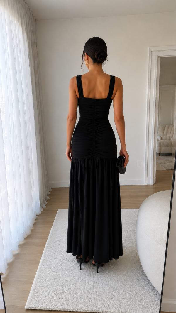 Vestido largo negro fruncido | Stylicious (18)