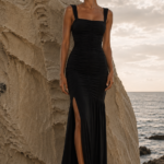 Vestido largo negro fruncido | Stylicious (10)