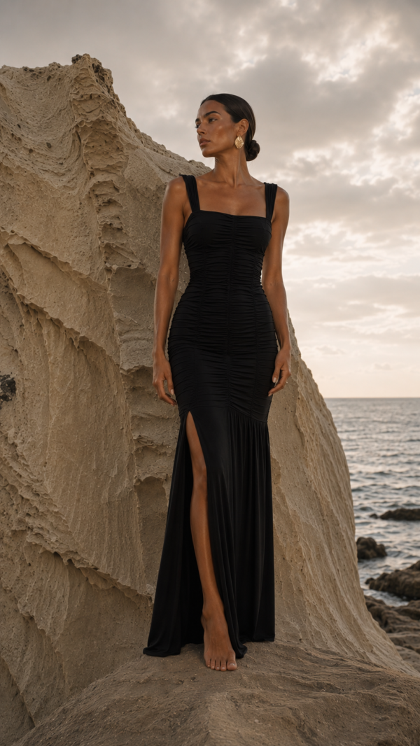 Vestido largo negro fruncido | Stylicious (10)