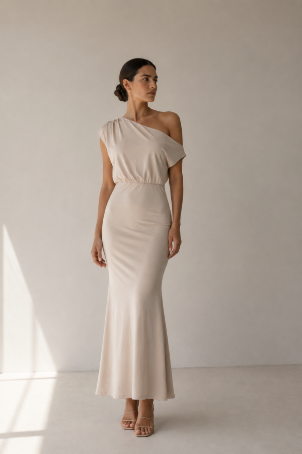 Vestido largo beige asimetrico | Stylicious (8)