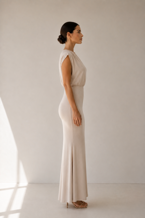 Vestido largo beige asimetrico | Stylicious (9)