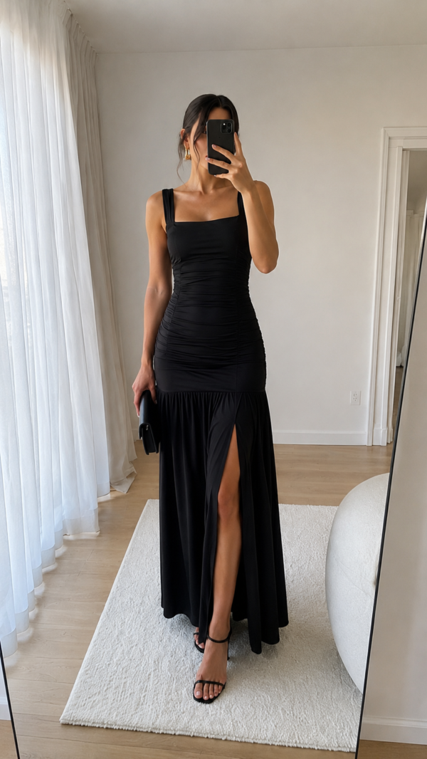 Vestido largo negro fruncido | Stylicious (15)