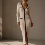 Vestido midi beige elegante | Stylicious