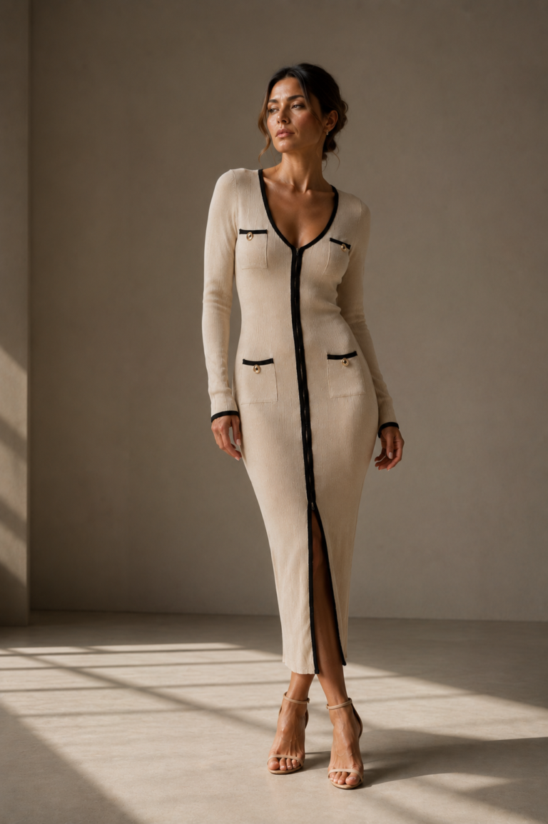 Vestido midi beige elegante | Stylicious