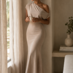 Vestido largo beige asimetrico | Stylicious