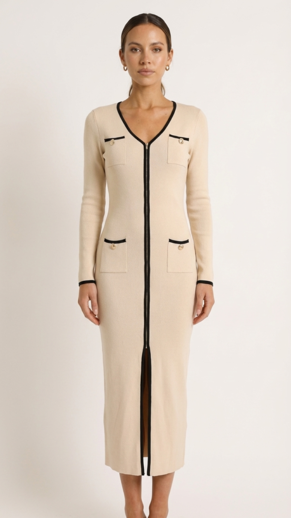 Vestido midi beige elegante | Stylicious (7)