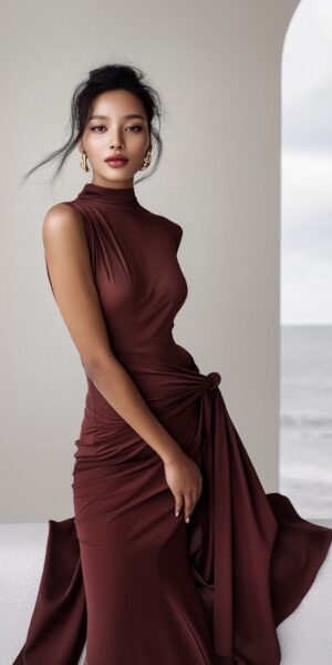 Vestido maxi de Tencel italiano en borgoña y negro