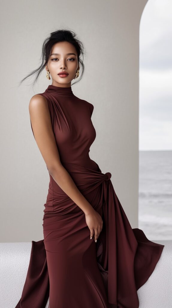 Vestido maxi de Tencel italiano en borgoña y negro