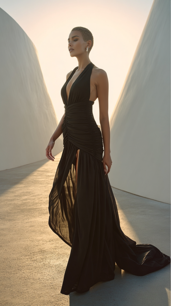 Vestido maxi negro halter con drapeado lateral y falda asimétrica Stylicious