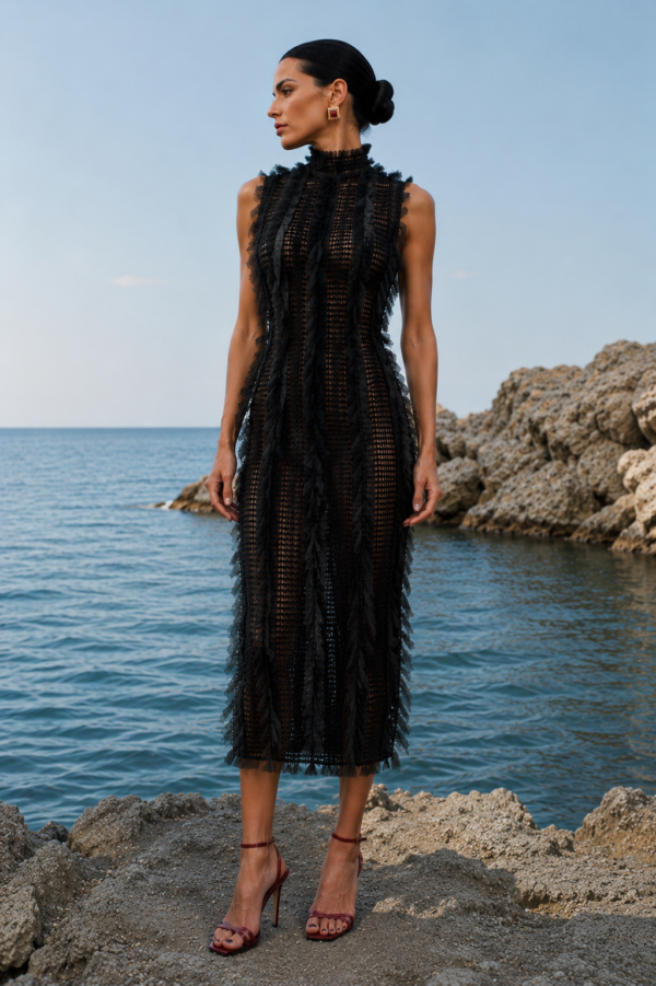 Vestido negro 3d frontal tejido.