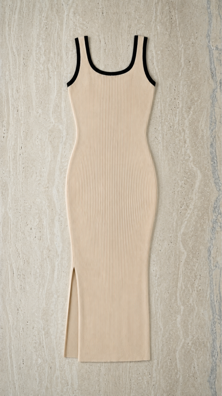 Vestido midi ajustado de punto beige acanalado con ribetes negros.en maniquí.packshot