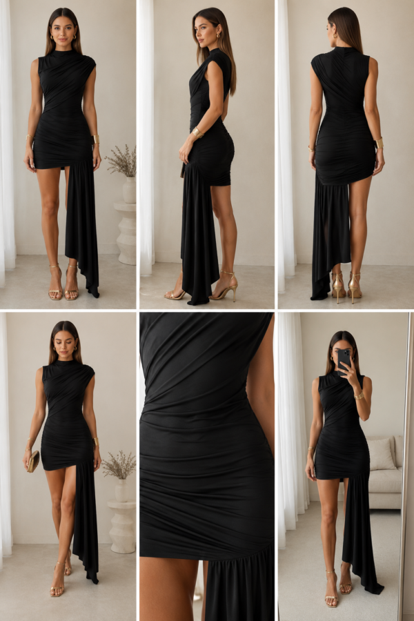 Vestido negro drapeado elegante | Stylicious (25)