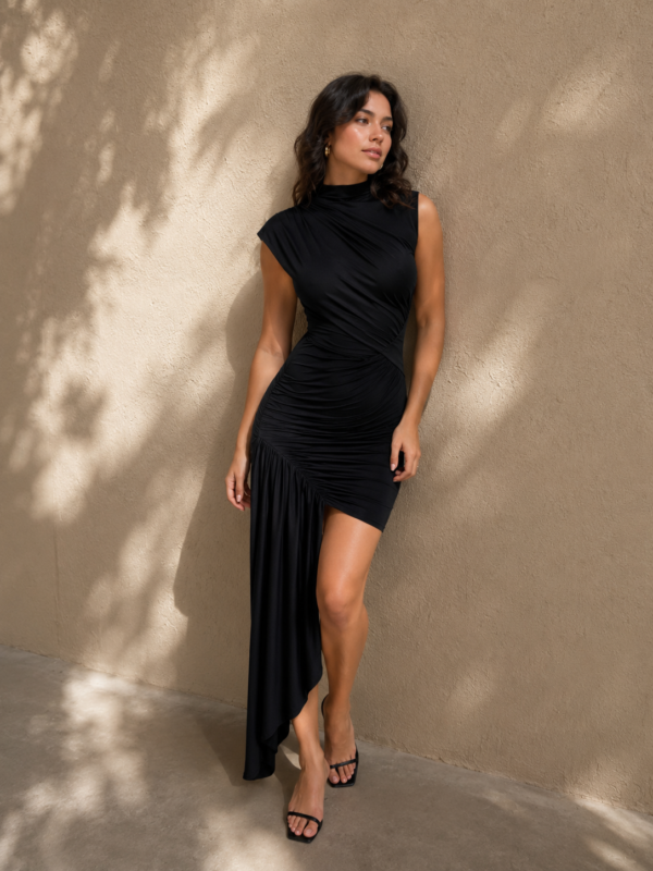 Vestido negro drapeado elegante | Stylicious (8)
