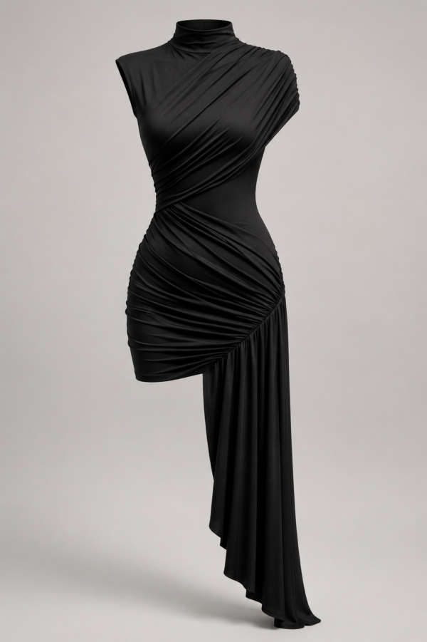 Vestido negro drapeado elegante | Stylicious (16)