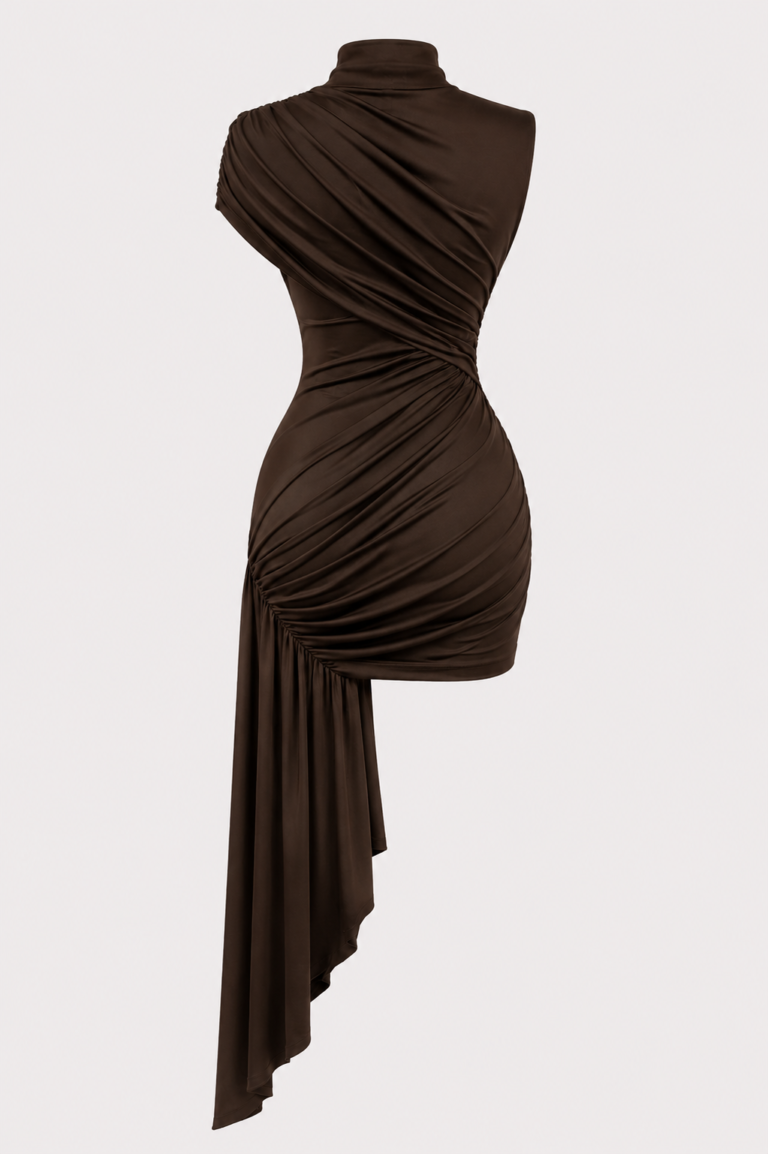 Vestido marron drapeado elegante | Stylicious packshot.