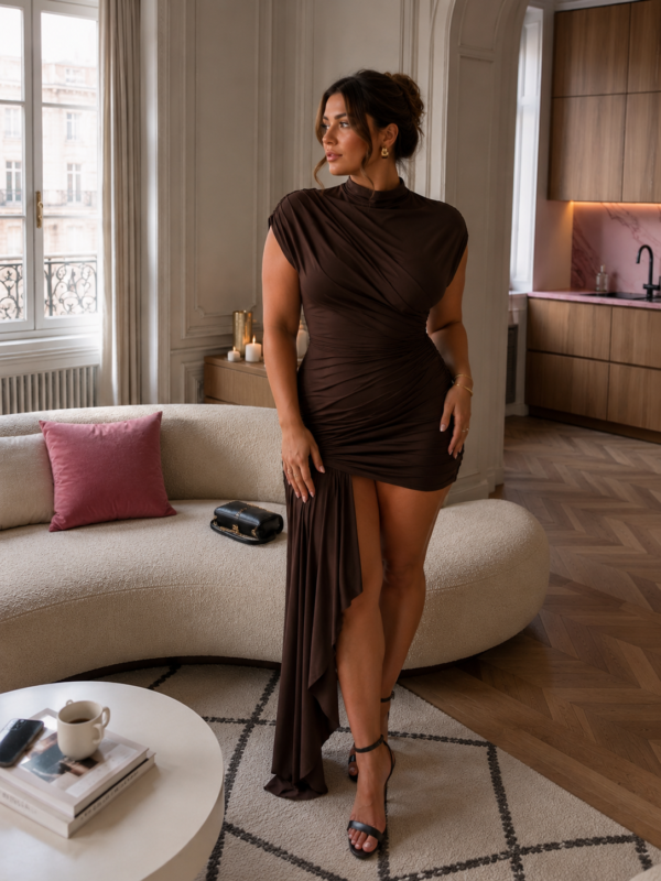 Vestido marron drapeado elegante | Stylicious (14)