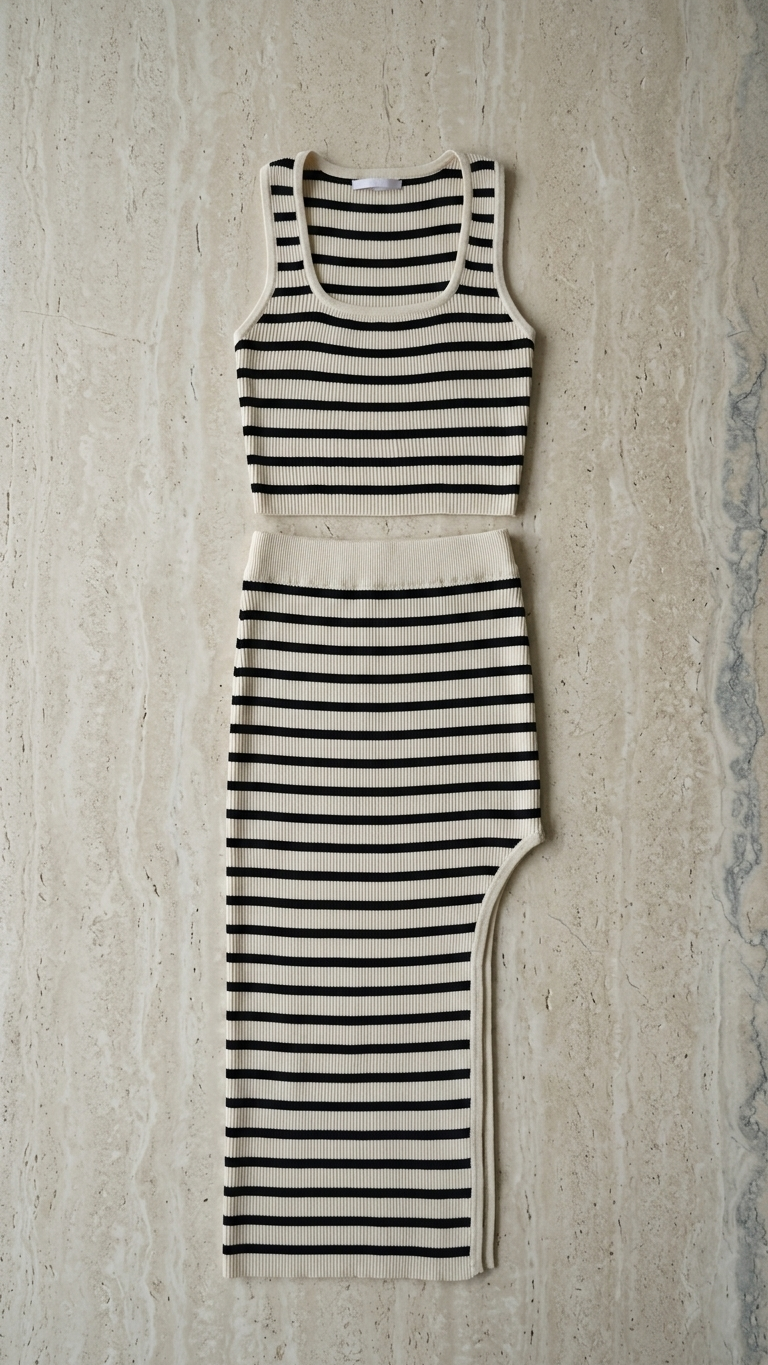 Conjunto de dos piezas de punto acanalado a rayas crema y negras con crop top y falda midi de Styliciouspackshot.jpg