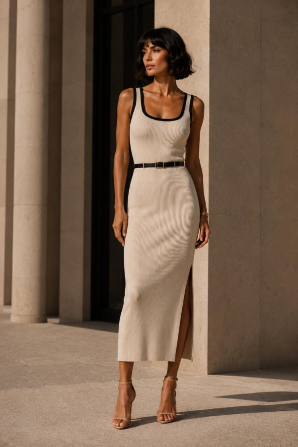 Vestido de punto beige y negro | Stylicious