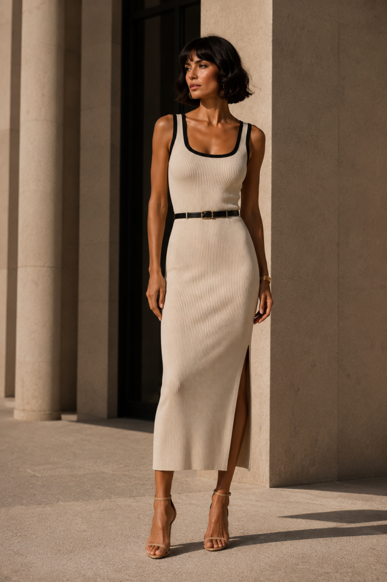 Vestido de punto beige y negro | Stylicious