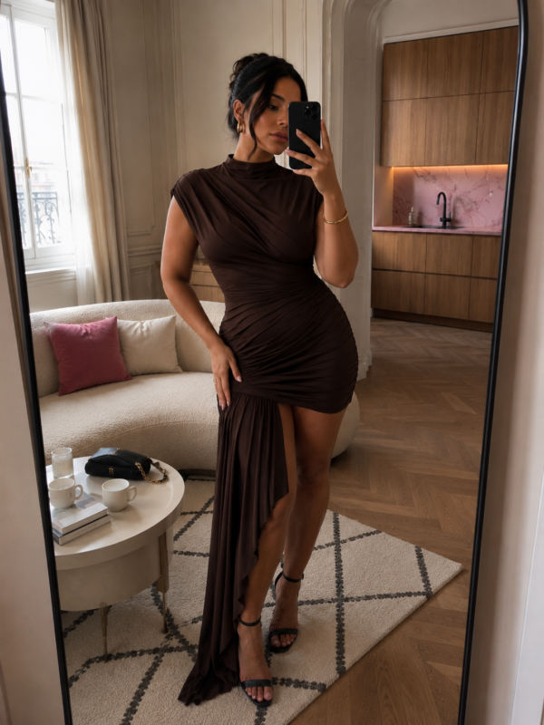 Vestido marron drapeado elegante | Stylicious (17)