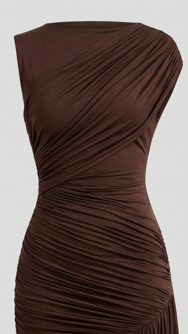 Vestido marron drapeado elegante | Stylicious (24)