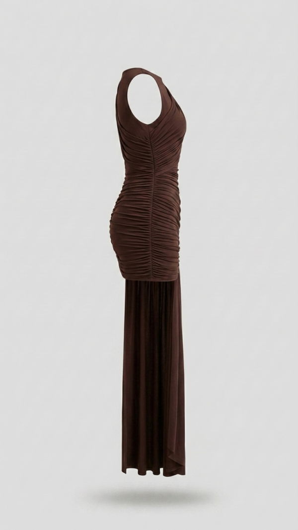 Vestido marron drapeado elegante | Stylicious (22)