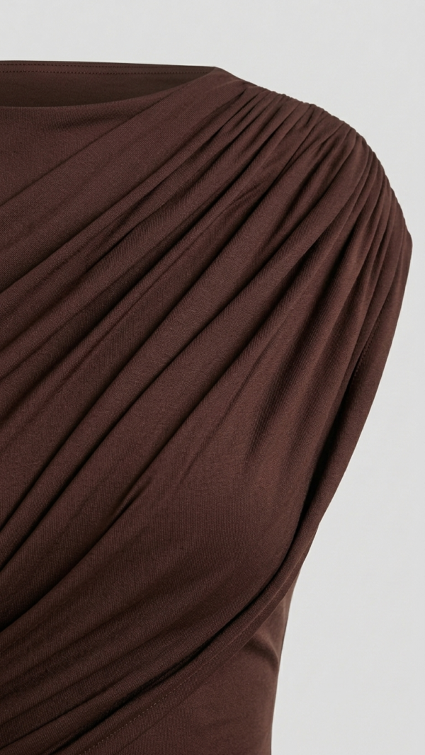 Vestido marron drapeado elegante | Stylicious (25)