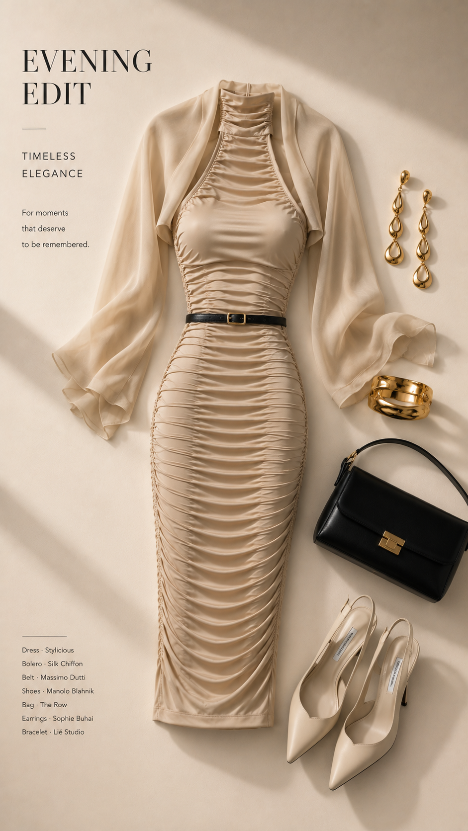 Conjunto editorial de noche en beige y dorado