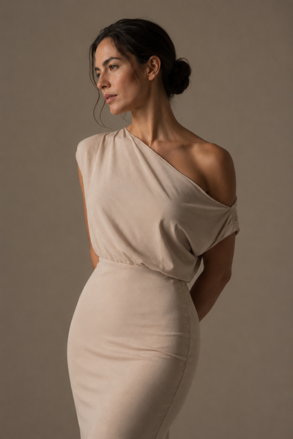 Vestido largo beige asimetrico | Stylicious (3)