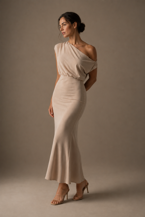 Vestido largo beige asimetrico | Stylicious (2)