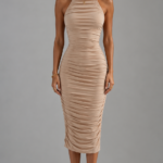 Vestido midi beige elegante fruncido | Stylicious (4)