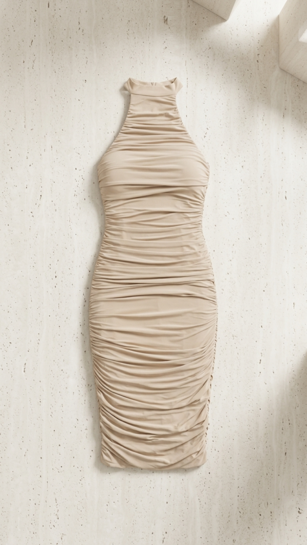 Vestido midi beige elegante fruncido | Stylicious (15)