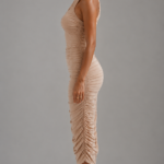 Vestido midi beige elegante fruncido | Stylicious (5)