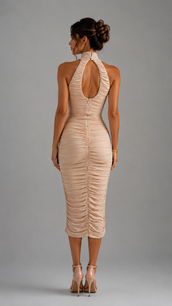 Vestido midi beige elegante fruncido | Stylicious (6)