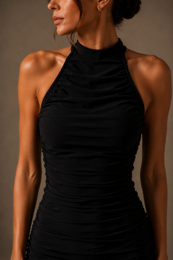 Vestido midi negro elegante fruncido | Stylicious (10)