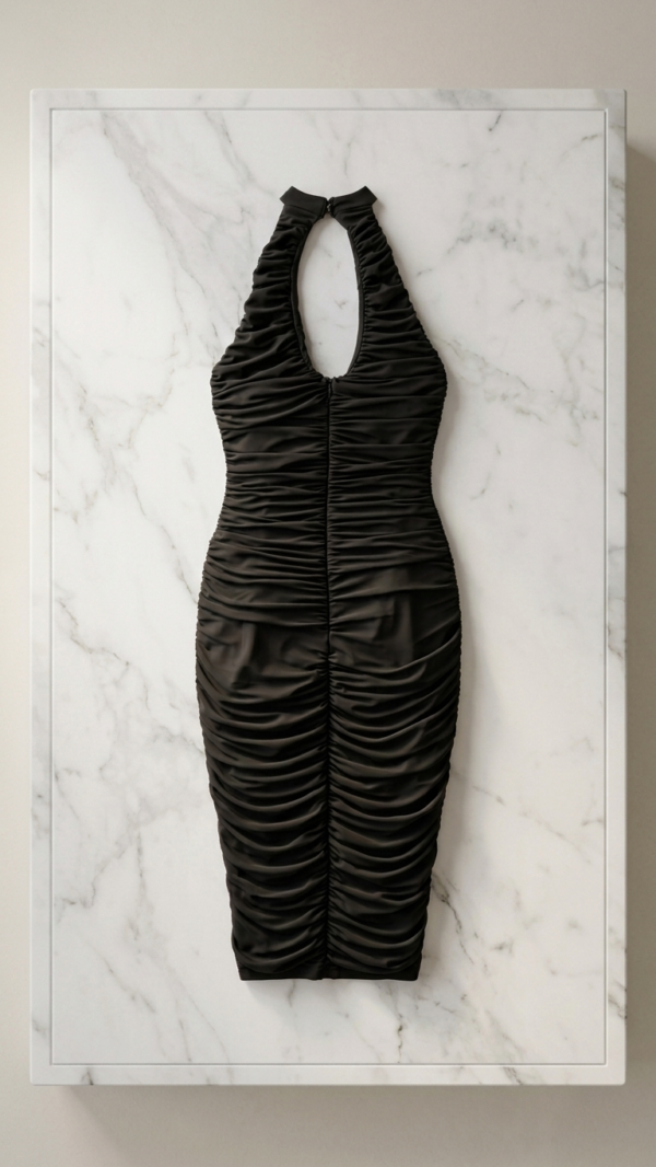 Vestido midi negro elegante fruncido | Stylicious (16)