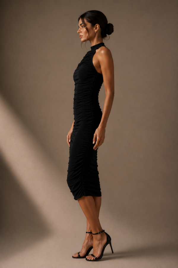 Vestido midi negro elegante fruncido | Stylicious (7)