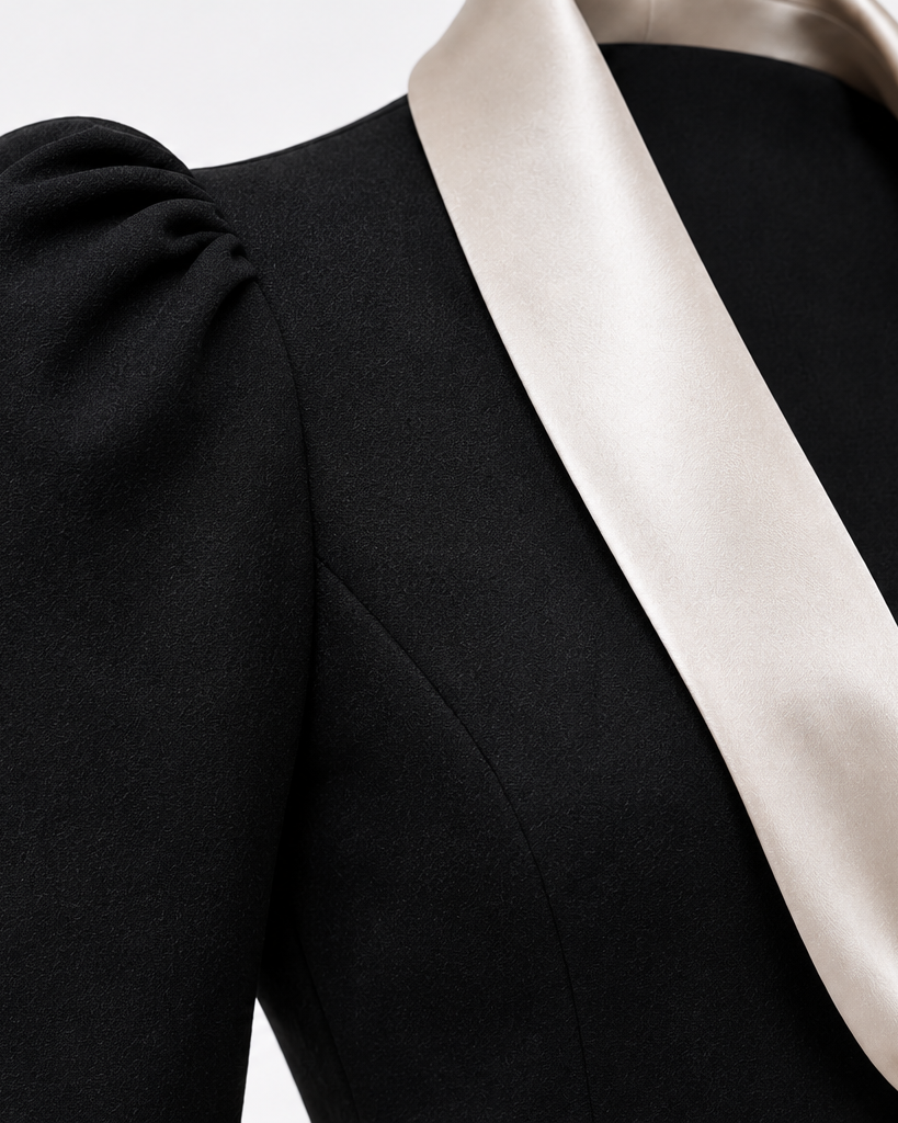 Detalle del hombro abullonado y la solapa de raso marfil de la Blazer BM