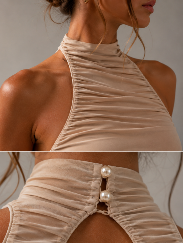 Vestido midi beige elegante fruncido | Stylicious (11)