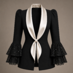 Blazer BM negra con solapa de raso marfil y volantes de encaje, vista frontal