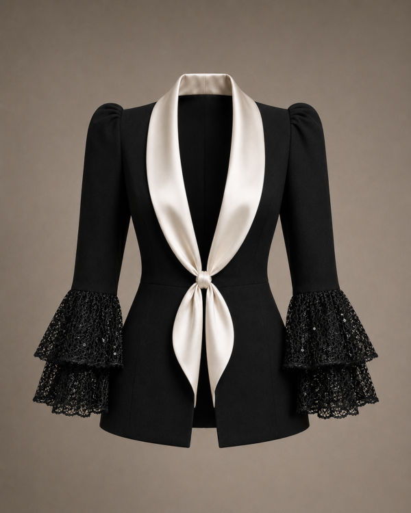 Blazer BM negra con solapa de raso marfil y volantes de encaje, vista frontal